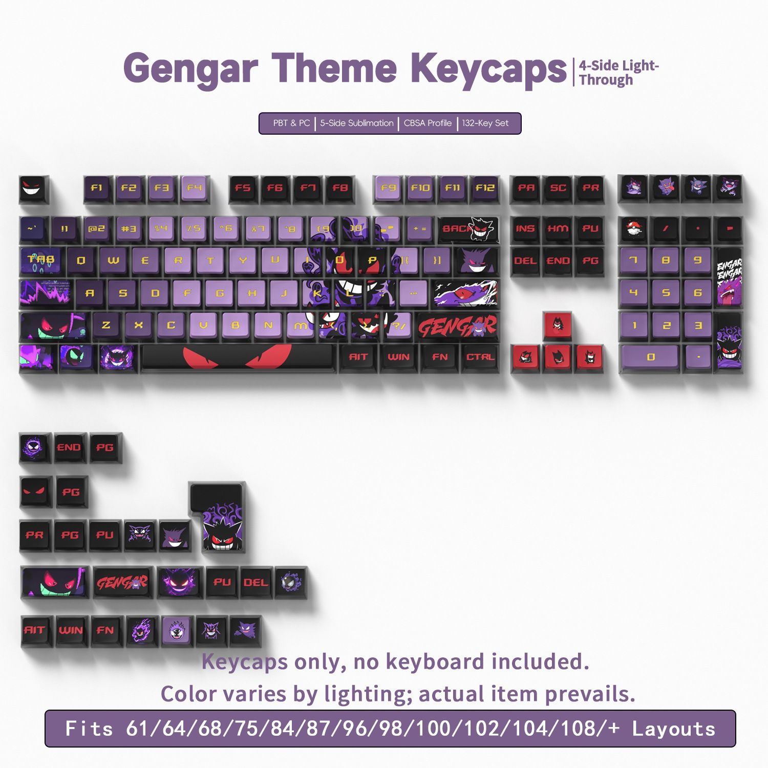 Keycap Gengar PBT 132 Phím | Bộ Keycap Bàn Phím Cơ Chủ Đề Pokémon